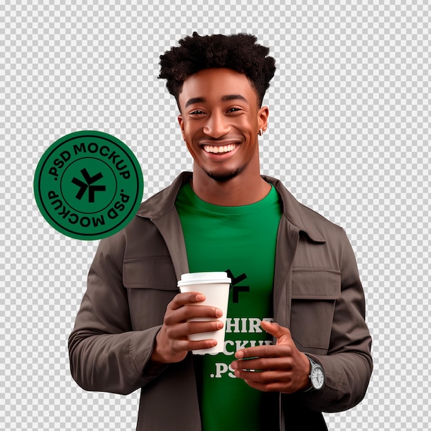 PSD smiling man with coffee t shirt mockup