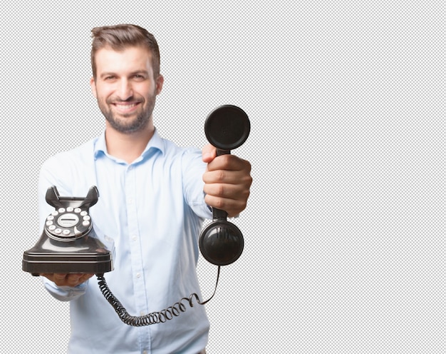 Uomo sorridente con telefono retrò