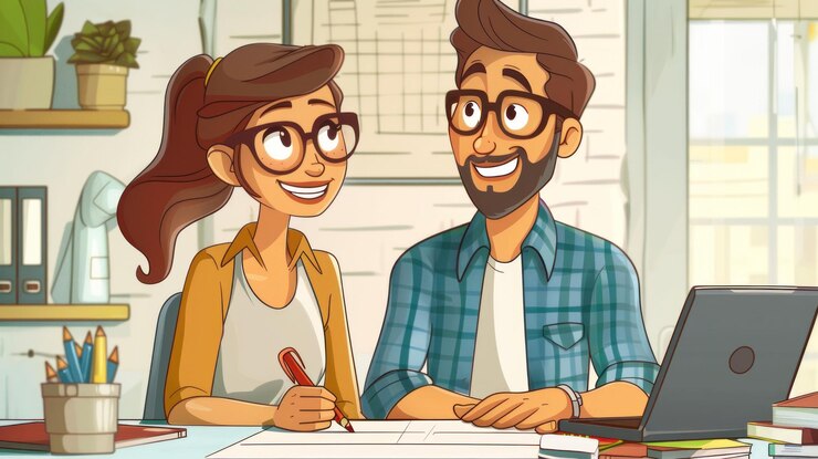 PSD a smiling man and woman working together at a desk