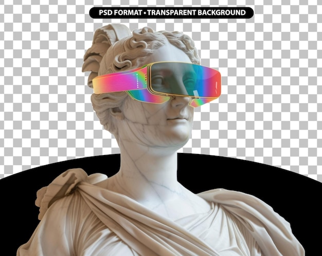 Smiling marble Greek statue wear colorful futuristic VR glasses