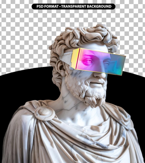 Smiling marble greek statue wear colorful futuristic vr glasses