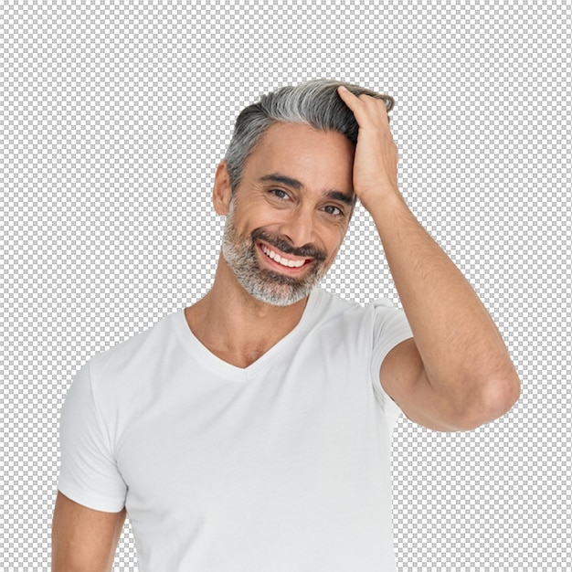 smiling mature man with grey hair touching his hair