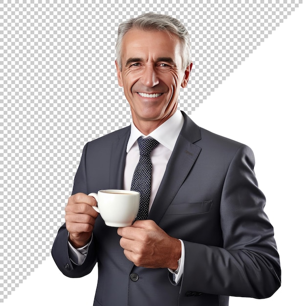 A smiling middle aged man holding a cup of coffee