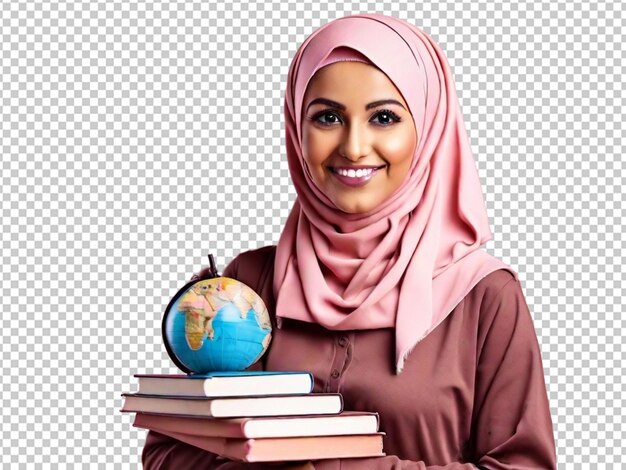 PSD smiling muslim teacher with textbooks