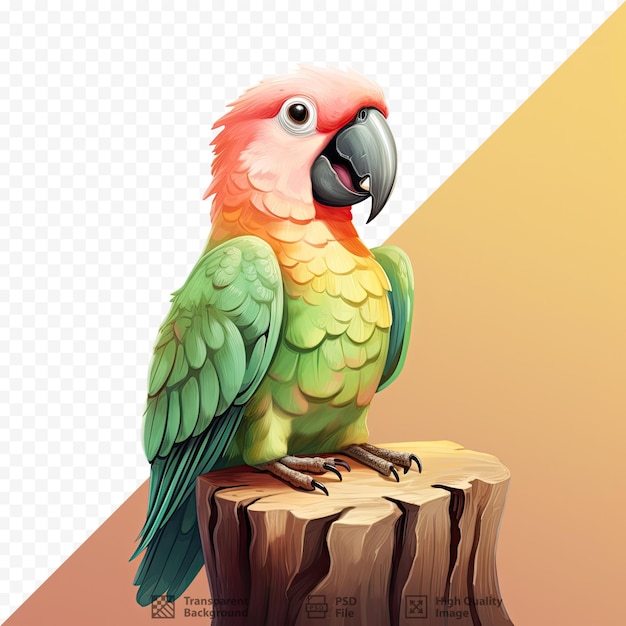 PSD smiling parrot on a stump illustrated on transparent background