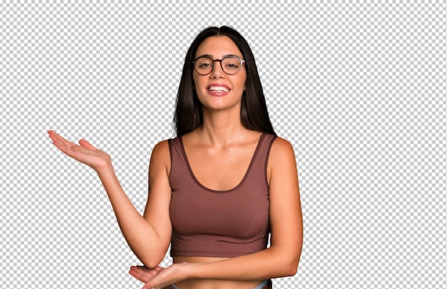 smiling proudly and confidently feeling happy and satisfied and showing a concept on copy space