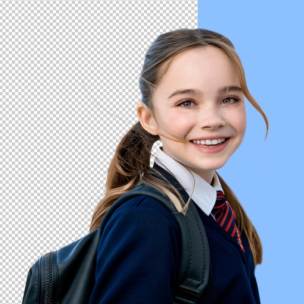 PSD smiling school girl with backpack and ponytail on a transparent background
