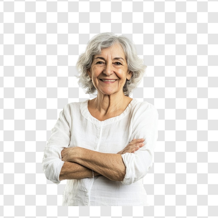 PSD smiling senior woman with arm cross standing womens day side view isolate on transparent background