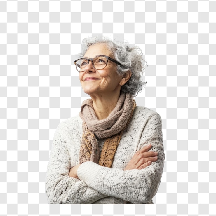 PSD smiling senior woman with arm cross standing womens day side view isolate on transparent background