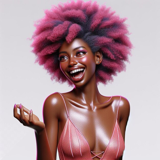 PSD modello afro elegante sorridente con abito rosa che scuote e balla isolato su uno sfondo trasparente