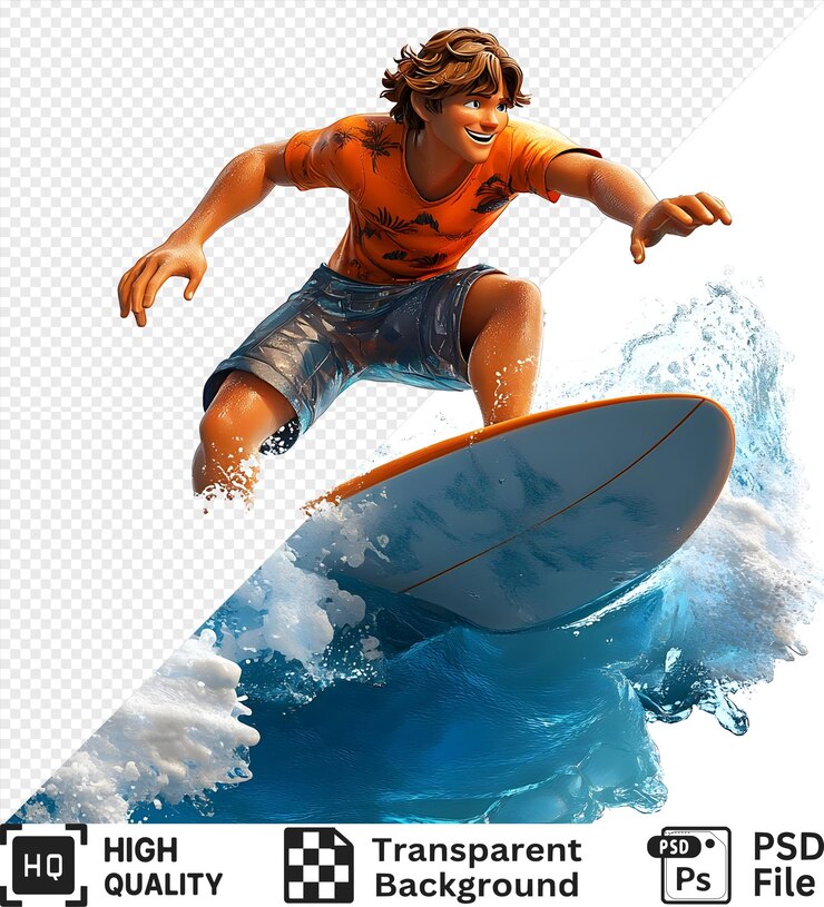 PSD smiling surfer rides a wave on a surfboard isolated on a transparent background