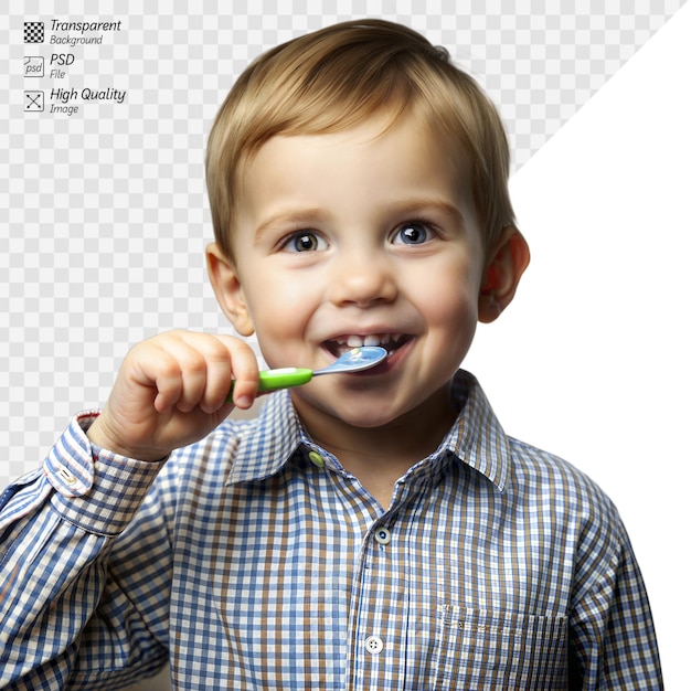 PSD 웃는 유아 소년 이 솔 으로 치아 를 고 있다