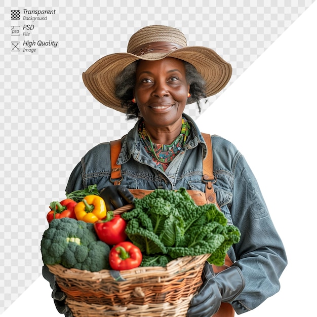 PSD donna sorridente con il cappello che tiene un cesto di verdure fresche