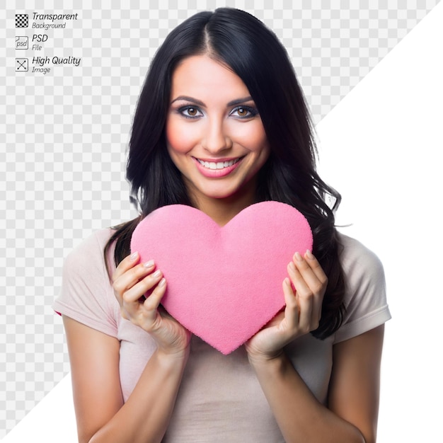 PSD smiling woman holding a large pink heart with joy