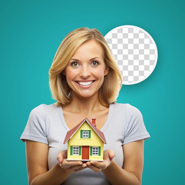 PSD smiling woman holding keys and toy house