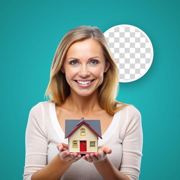 PSD smiling woman holding keys and toy house