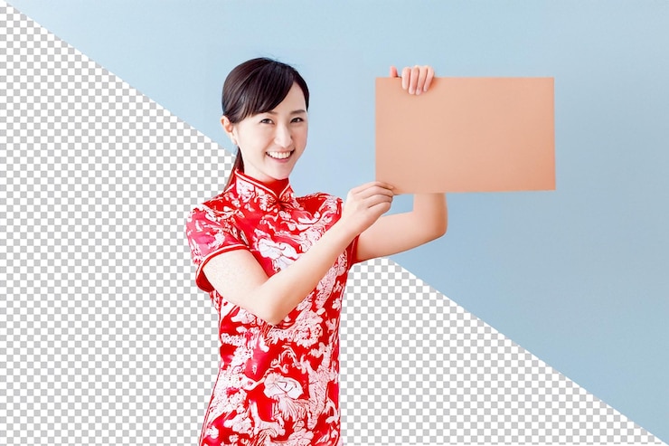 PSD smiling woman in red dress holding sign