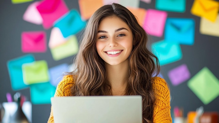 PSD smiling woman using laptop colorful background
