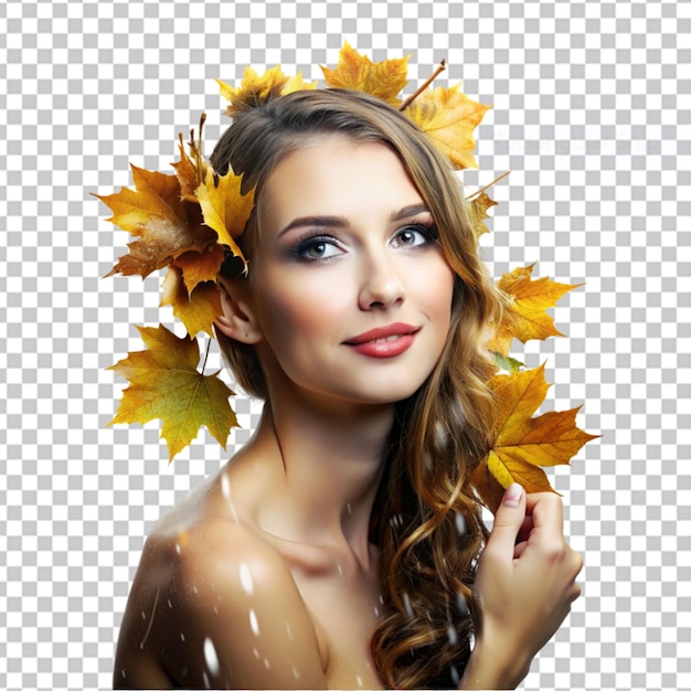 PSD smiling woman wearing dry maple leaves tiara standing against yellow wall looking away