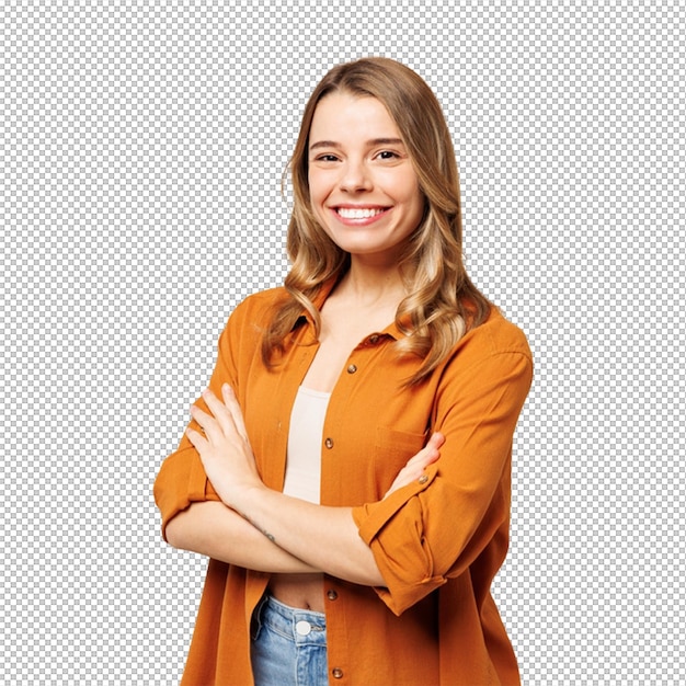 Smiling woman with crossed arms in orange shirt