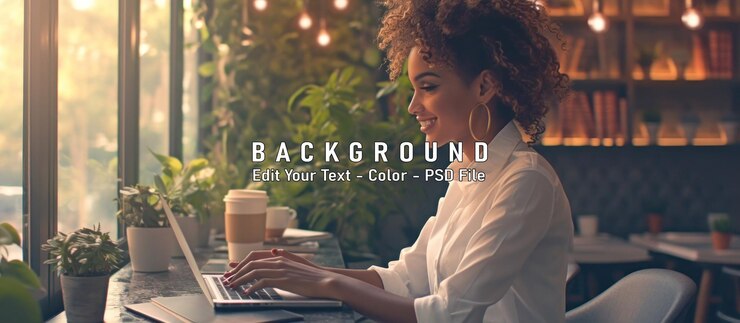 PSD a smiling woman with curly hair works on her laptop in a cafe w