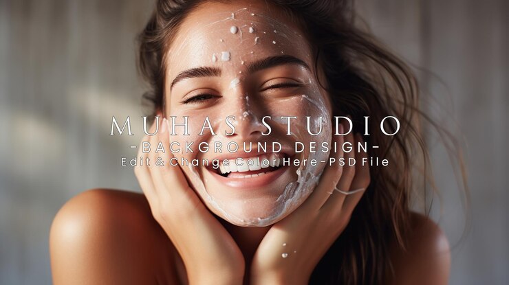 PSD smiling woman with face mask and hands on cheeks