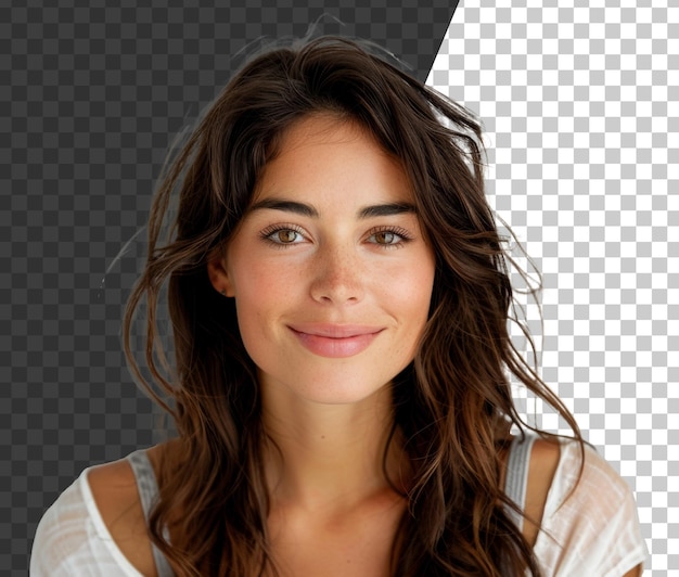 PSD smiling woman with freckles and sunlit brown hair on transparent background stock png