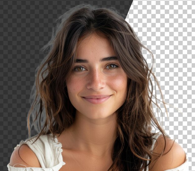 PSD smiling woman with freckles and sunlit brown hair on transparent background stock png