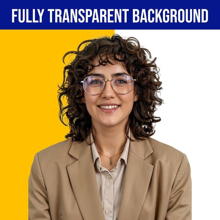 PSD smiling woman with glasses in business attire on a transparent background
