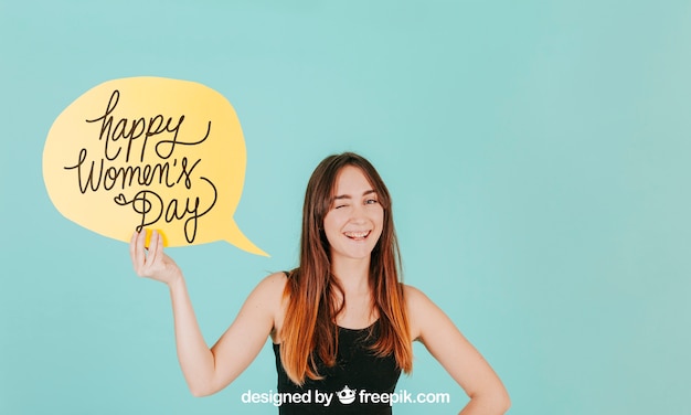 Smiling woman with speech bubble mockup