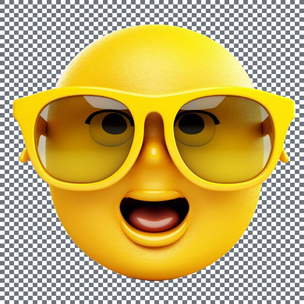 PSD emoticon giallo sorridente con occhiali da sole isolati su uno sfondo trasparente