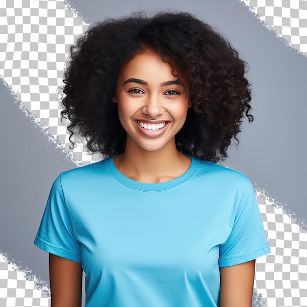 Smiling young african american woman wearing a blue t shirt poses for a close up portrait