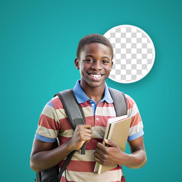 PSD smiling young afroamerican student with backpack holding book and keeping hand open