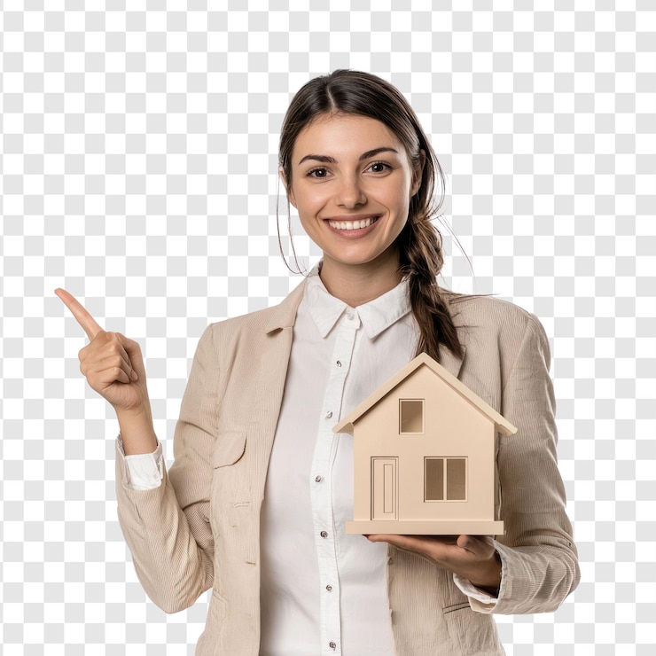 PSD smiling young businesswoman holding house for mortgage with hand pointing at empty space front view isolate on transparent background