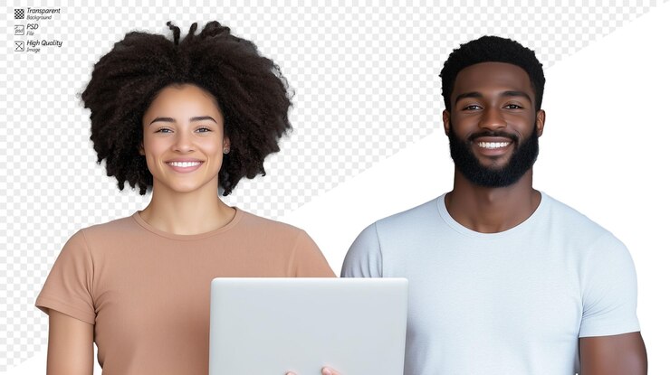 PSD smiling young couple one man and one woman holding laptop on transparent background
