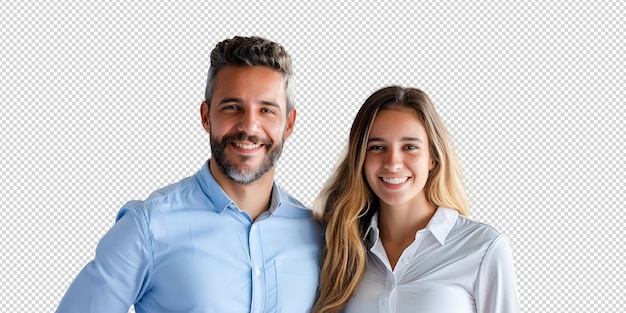 PSD smiling young couple standing back to back looking at camera against white background