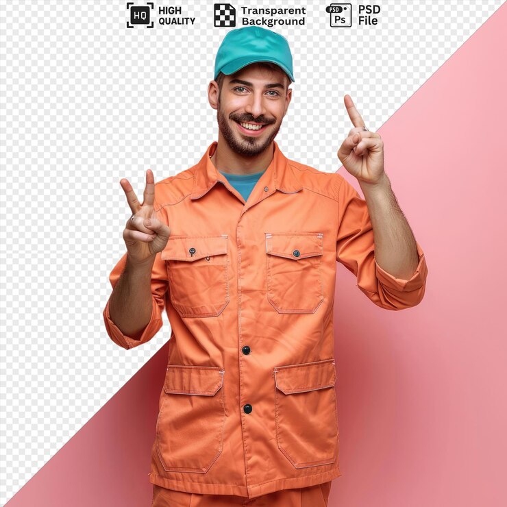 A smiling young delivery man in uniform showing call gesture and ok sign to the camera