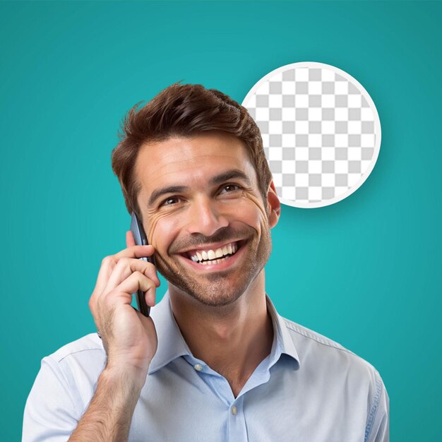 PSD smiling young handsome man looking at camera talking on phone isolated