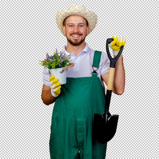 smiling young handsome slavic gardener in uniform wearing hat and gardening gloves holding spade and flowerpot looking isolated on orange wall