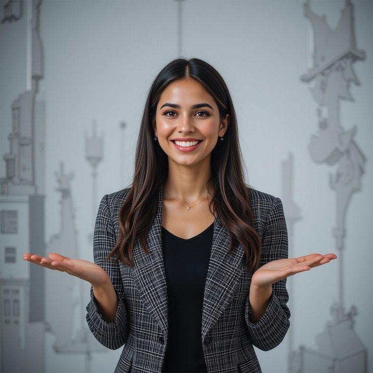 PSD smiling young hispanic businesswoman presenting with copy space