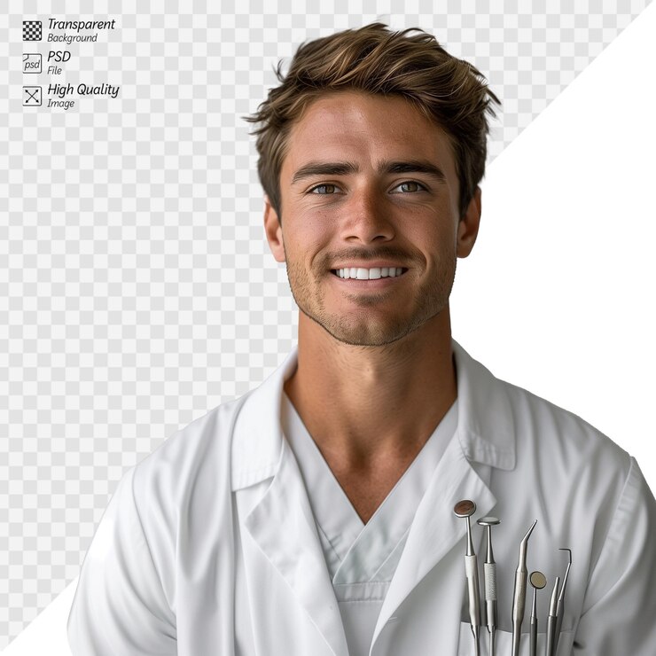 PSD smiling young male dentist in professional attire with tools