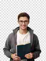 PSD Улыбающийся молодой студент в очках держит книгу изолированной на прозрачном фоне