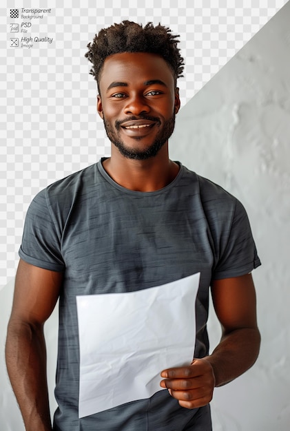 PSD smiling young man holding blank paper on white background