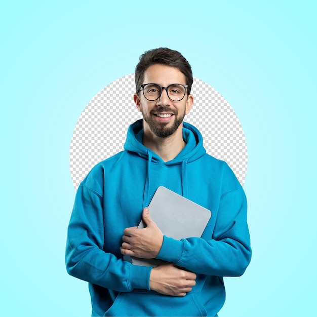 ラップトップを持った笑顔の若い男 - 教育と技術のコンセプト
