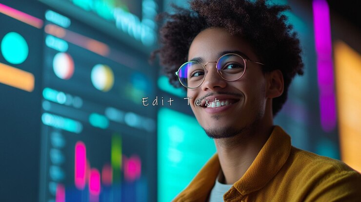 PSD smiling young man with glasses in front of data screens