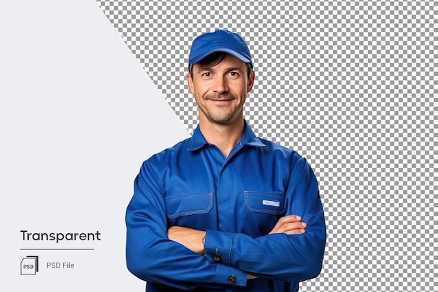 PSD smiling young skillful worker labor technician man in blue work clothes with cap png isolated