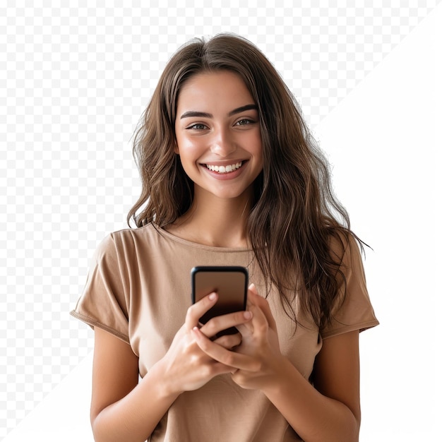 Smiling young woman holding cellphone and looking closeup portrait on white isolated background