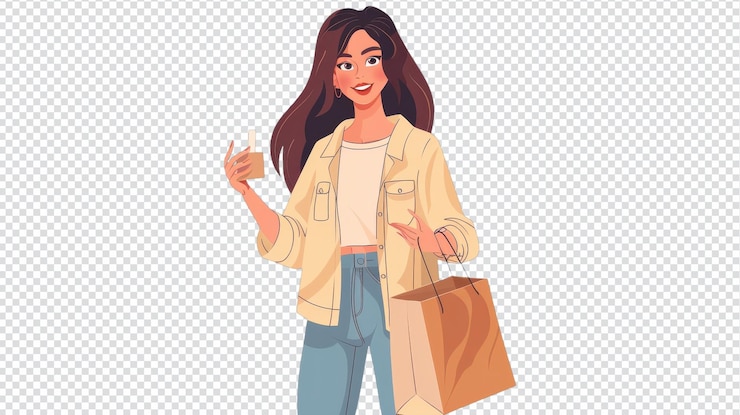 PSD smiling young woman holding a package bag for ecommerce and online shopping promotions