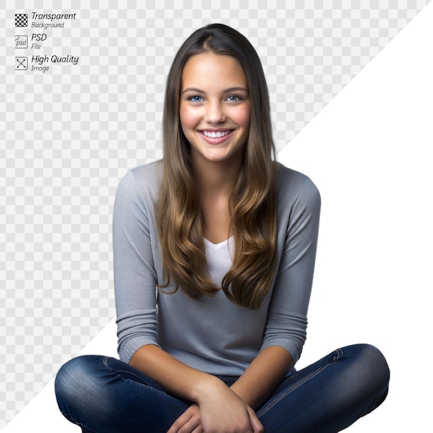 PSD smiling young woman sitting casually in studio setting