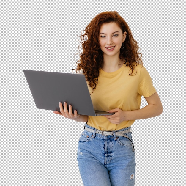 smiling young woman student holding laptop and looking at camera on isolated white background